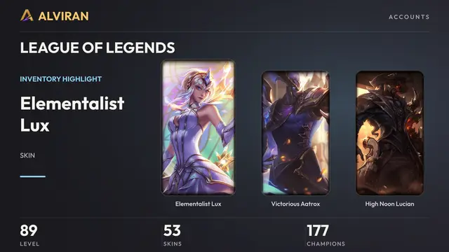 LEAGUE OF LEGENDS · Level 89 · Elementalist Lux, Victorious Aatrox, High Noon Lucian