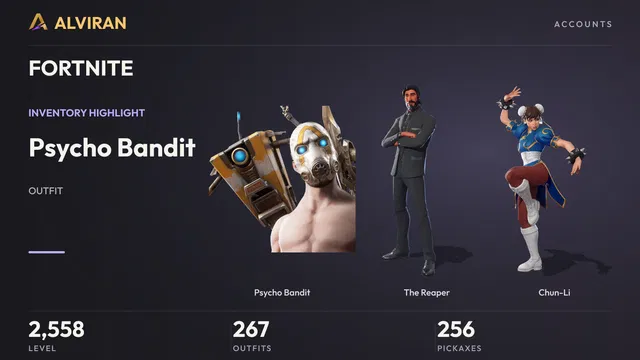FORTNITE · Level 2558 · Psycho Bandit, The Reaper, Chun-Li