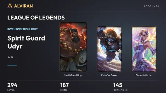 LEAGUE OF LEGENDS · Level 294 · Spirit Guard Udyr, Pulsefire Ezreal, Elementalist Lux