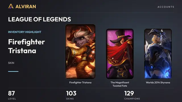 LEAGUE OF LEGENDS · Level 87 · Firefighter Tristana, The Magnificent Twisted Fate, Worlds 2014 Shyvana