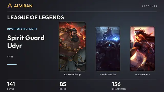 LEAGUE OF LEGENDS · Level 141 · Spirit Guard Udyr, Worlds 2016 Zed, Victorious Sivir