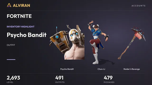 FORTNITE · Level 2693 · Psycho Bandit, Chun-Li, Raider's Revenge
