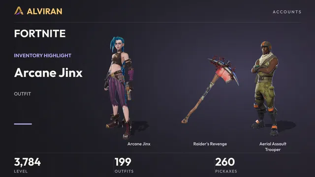 FORTNITE · Level 3784 · Arcane Jinx, Raider's Revenge, Aerial Assault Trooper