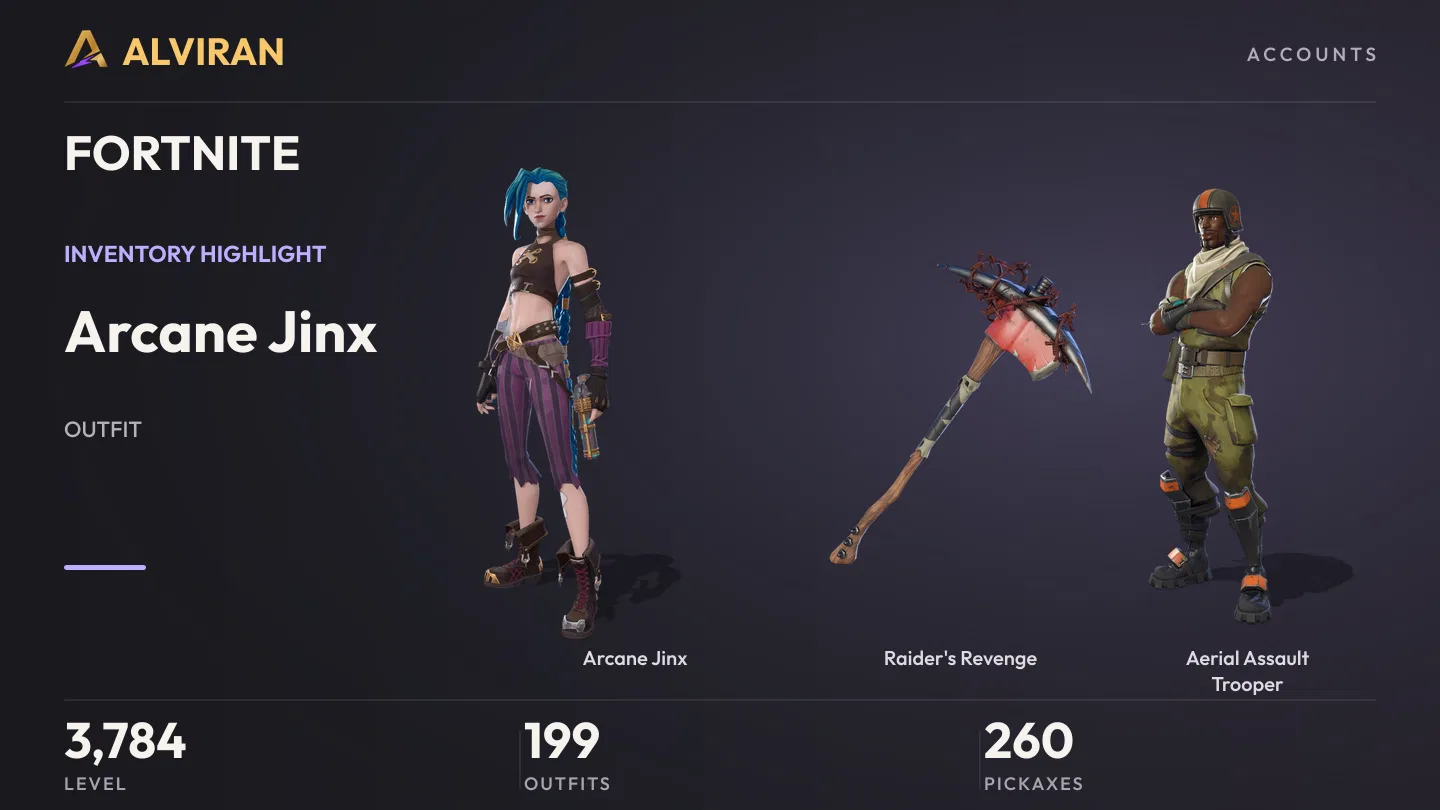 FORTNITE · Level 3784 · Arcane Jinx, Raider's Revenge, Aerial Assault Trooper