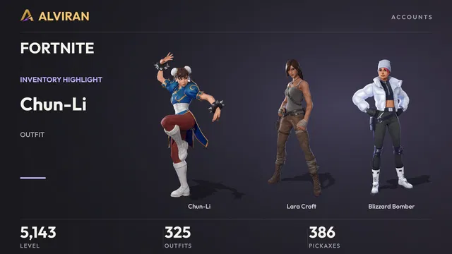 FORTNITE · Level 5143 · Chun-Li, Lara Croft, Blizzard Bomber