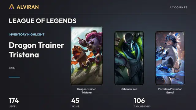 LEAGUE OF LEGENDS · Level 174 · Dragon Trainer Tristana, Debonair Zed, Porcelain Protector Ezreal