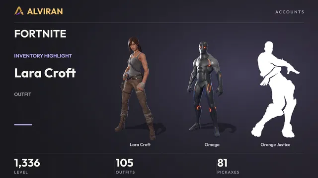 FORTNITE · Level 1336 · Lara Croft, Omega, Orange Justice