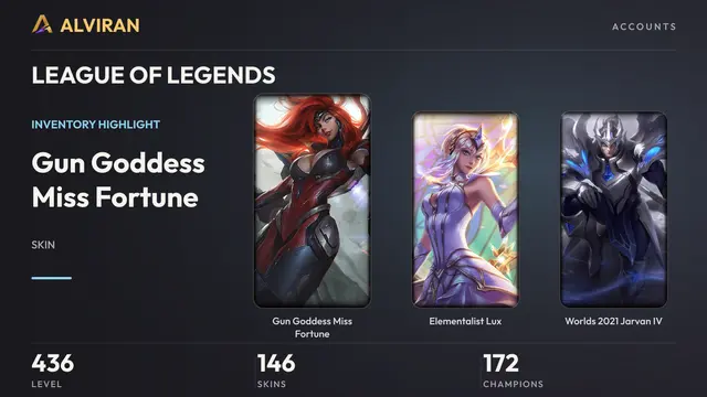 LEAGUE OF LEGENDS · Level 436 · Gun Goddess Miss Fortune, Elementalist Lux, Worlds 2021 Jarvan IV