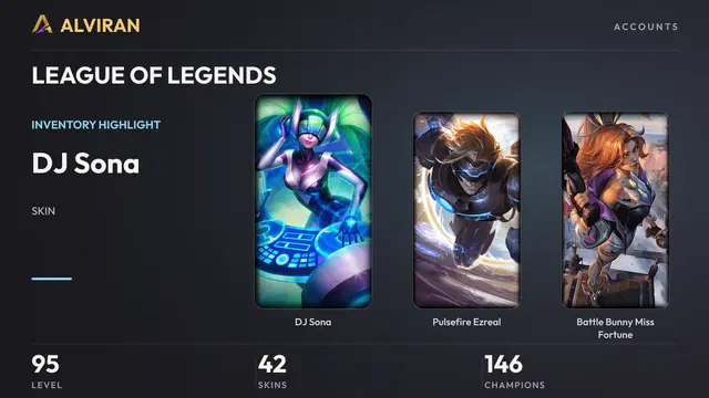 LEAGUE OF LEGENDS · Level 95 · DJ Sona, Pulsefire Ezreal, Battle Bunny Miss Fortune
