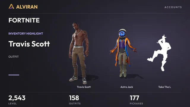 FORTNITE · Level 2543 · Travis Scott, Astro Jack, Take The L