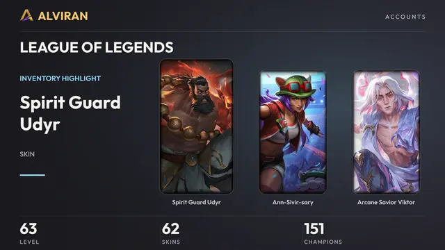 LEAGUE OF LEGENDS · Level 63 · Spirit Guard Udyr, Ann-Sivir-sary, Arcane Savior Viktor