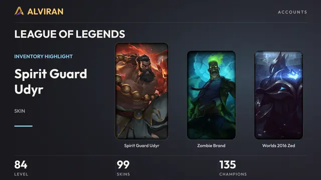 LEAGUE OF LEGENDS · Level 84 · Spirit Guard Udyr, Zombie Brand, Worlds 2016 Zed