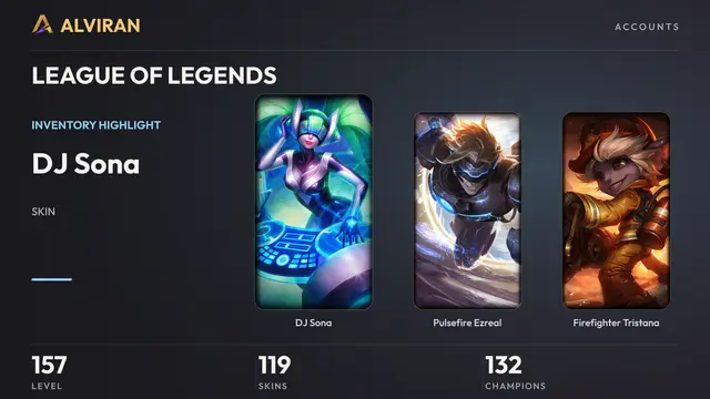 LEAGUE OF LEGENDS · Level 157 · DJ Sona, Pulsefire Ezreal, Firefighter Tristana