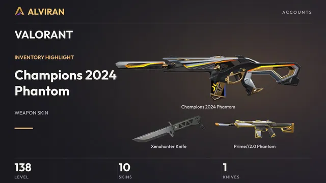 VALORANT · Level 138 · Champions 2024 Phantom, Xenohunter Knife · Melee, Prime//2.0 Phantom