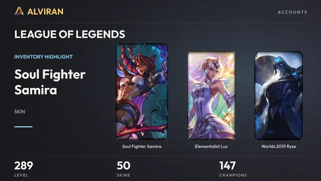 LEAGUE OF LEGENDS · Level 289 · Soul Fighter Samira, Elementalist Lux, Worlds 2019 Ryze