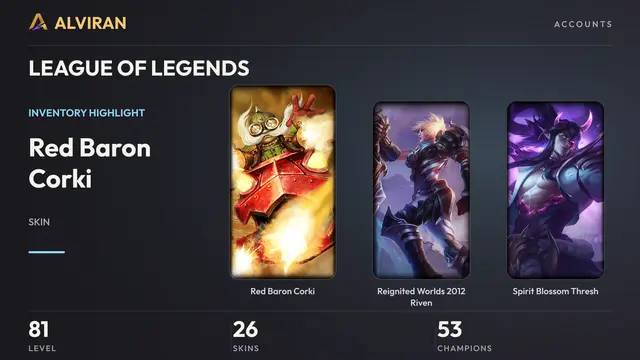 LEAGUE OF LEGENDS · Level 81 · Red Baron Corki, Reignited Worlds 2012 Riven, Spirit Blossom Thresh