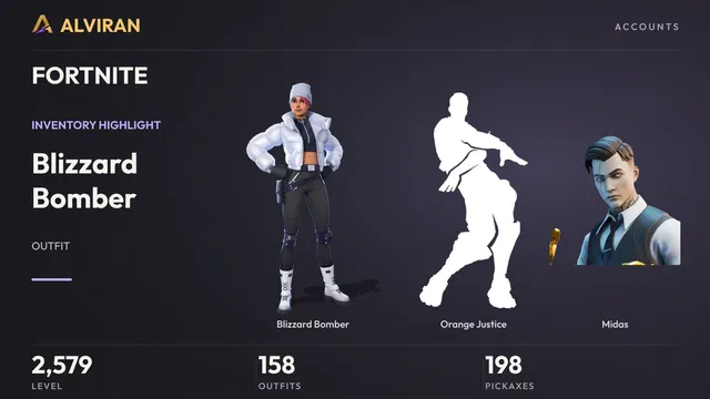 FORTNITE · Level 2579 · Blizzard Bomber, Orange Justice, Midas