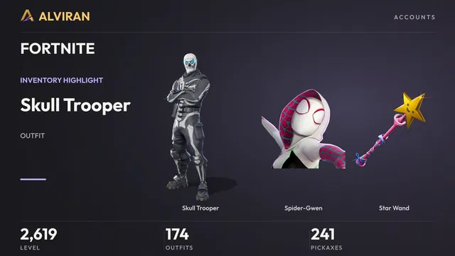 FORTNITE · Level 2619 · Skull Trooper, Spider-Gwen, Star Wand
