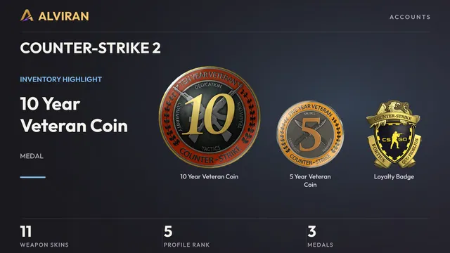 COUNTER-STRIKE 2 · Level 5 · 10 Year Veteran Coin, 5 Year Veteran Coin, Loyalty Badge