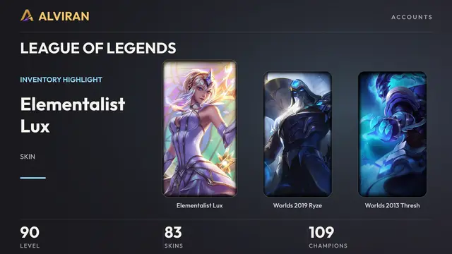LEAGUE OF LEGENDS · Level 90 · Elementalist Lux, Worlds 2019 Ryze, Worlds 2013 Thresh
