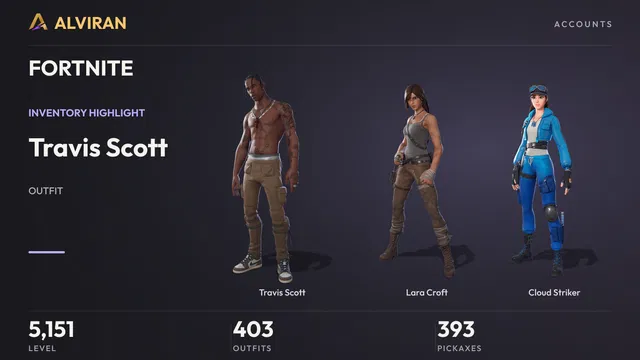 FORTNITE · Level 5151 · Travis Scott, Lara Croft, Cloud Striker