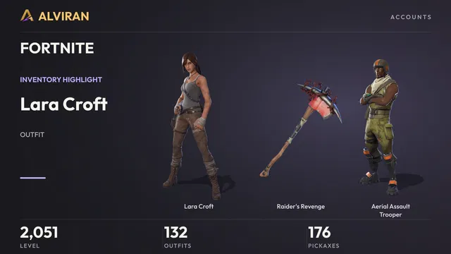 FORTNITE · Level 2051 · Lara Croft, Raider's Revenge, Aerial Assault Trooper