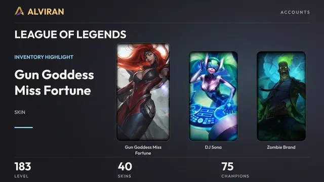 LEAGUE OF LEGENDS · Level 183 · Gun Goddess Miss Fortune, DJ Sona, Zombie Brand