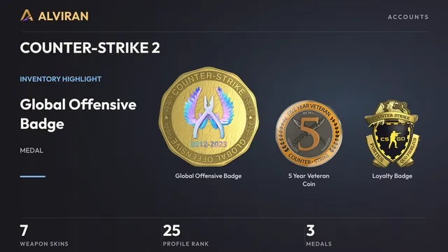 COUNTER-STRIKE 2 · Level 25 · Global Offensive Badge, 5 Year Veteran Coin, Loyalty Badge