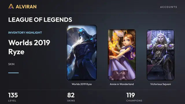 LEAGUE OF LEGENDS · Level 135 · Worlds 2019 Ryze, Annie in Wonderland, Victorious Sejuani