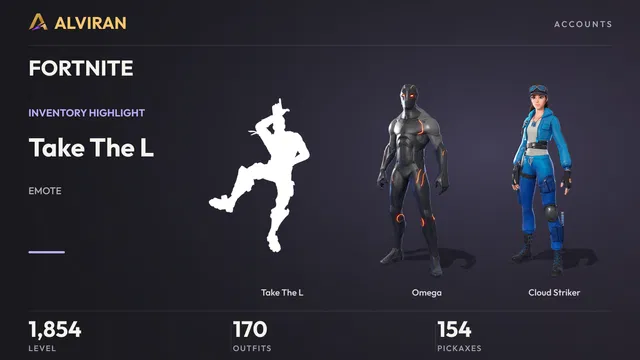 FORTNITE · Level 1854 · Take The L, Omega, Cloud Striker