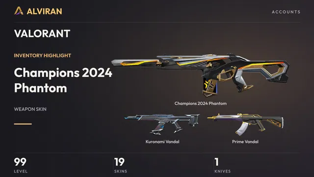 VALORANT · Level 99 · Champions 2024 Phantom, Kuronami Vandal, Prime Vandal