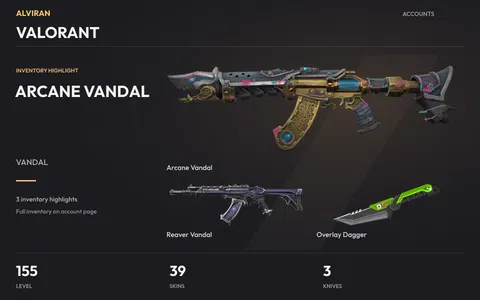 VALORANT · Level 155 · Arcane Vandal, Reaver Vandal, Overlay Dagger · Melee