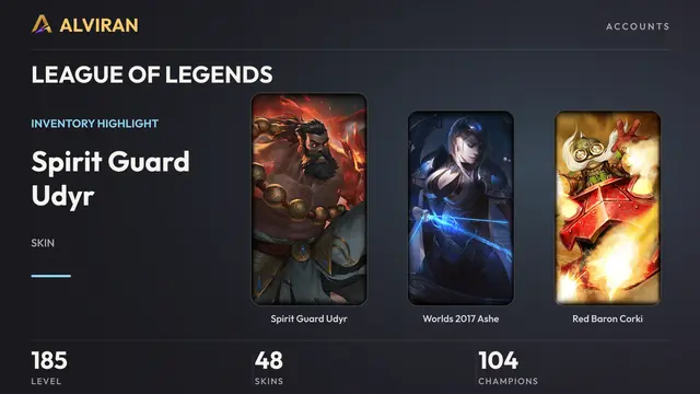 LEAGUE OF LEGENDS · Level 185 · Spirit Guard Udyr, Worlds 2017 Ashe, Red Baron Corki