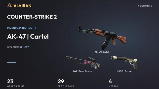 COUNTER-STRIKE 2 · Level 29 · AK-47 | Cartel · Minimal Wear, AWP | Fever Dream · Minimal Wear, USP-S | Torque · Minimal Wear