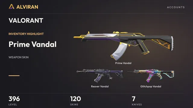 VALORANT · Level 396 · Prime Vandal, Reaver Vandal, Glitchpop Vandal