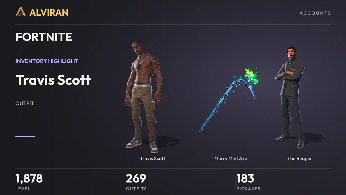 FORTNITE · Level 1878 · Travis Scott, Merry Mint Axe, The Reaper