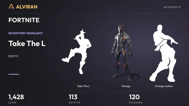 FORTNITE · Level 1428 · Take The L, Omega, Orange Justice