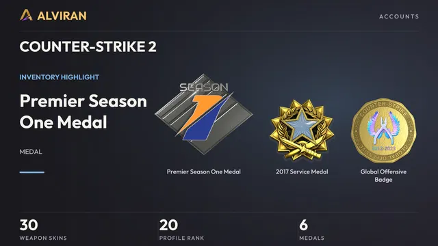 COUNTER-STRIKE 2 · Level 20 · Premier Season One Medal, 2017 Service Medal, Global Offensive Badge