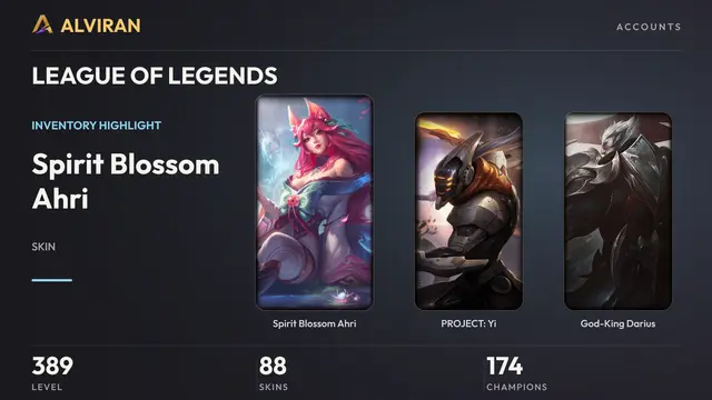 LEAGUE OF LEGENDS · Level 389 · Spirit Blossom Ahri, PROJECT: Yi, God-King Darius