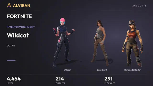 FORTNITE · Level 4454 · Wildcat, Lara Croft, Renegade Raider