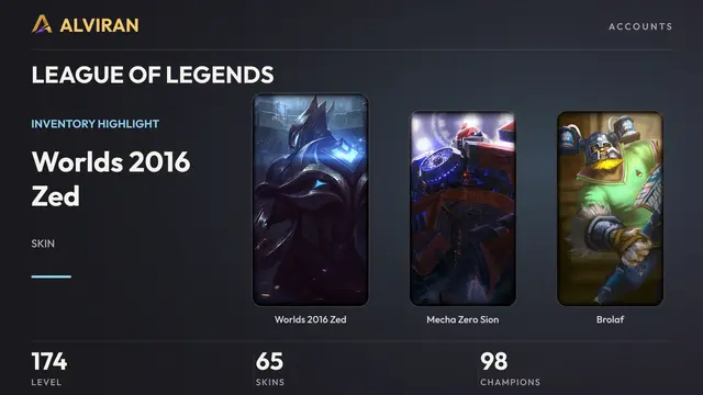 LEAGUE OF LEGENDS · Level 174 · Worlds 2016 Zed, Mecha Zero Sion, Brolaf