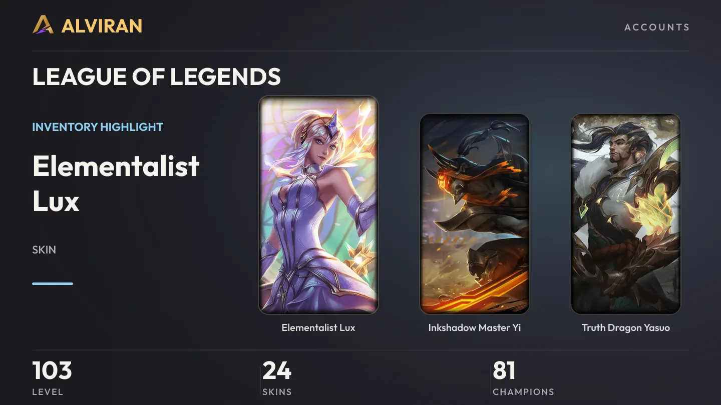 LEAGUE OF LEGENDS · Level 103 · Elementalist Lux, Inkshadow Master Yi, Truth Dragon Yasuo