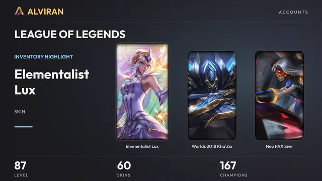 LEAGUE OF LEGENDS · Level 87 · Elementalist Lux, Worlds 2018 Kha'Zix, Neo PAX Sivir