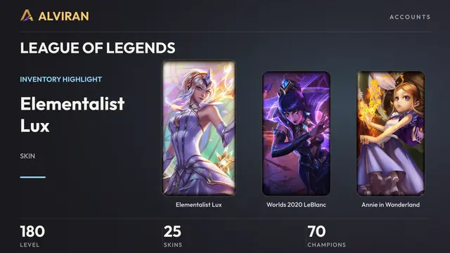LEAGUE OF LEGENDS · Level 180 · Elementalist Lux, Worlds 2020 LeBlanc, Annie in Wonderland