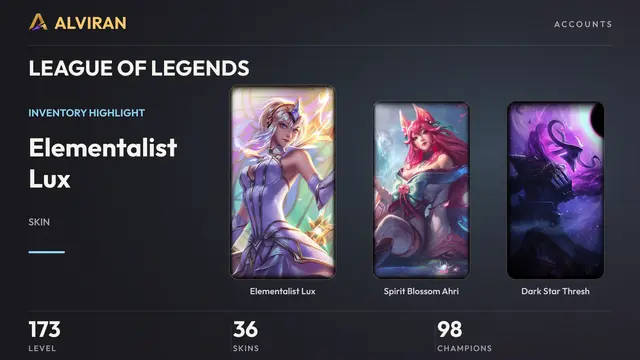 LEAGUE OF LEGENDS · Level 173 · Elementalist Lux, Spirit Blossom Ahri, Dark Star Thresh