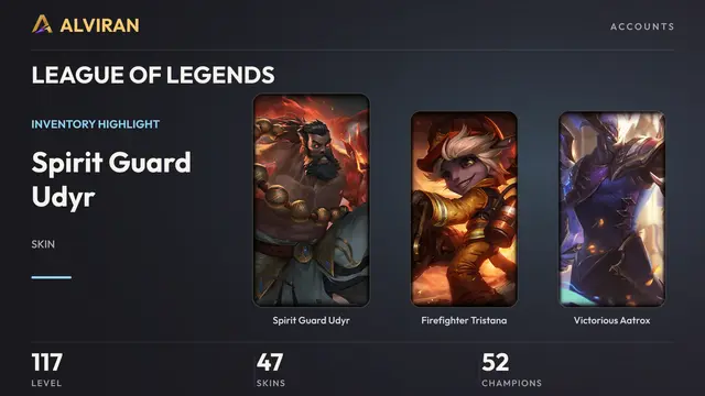 LEAGUE OF LEGENDS · Level 117 · Spirit Guard Udyr, Firefighter Tristana, Victorious Aatrox