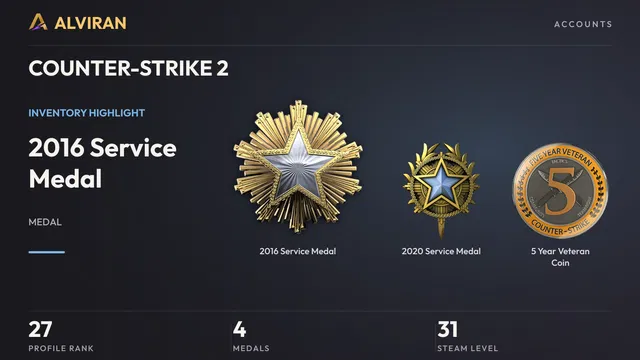 COUNTER-STRIKE 2 · Level 27 · 2016 Service Medal, 2020 Service Medal, 5 Year Veteran Coin