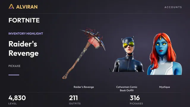 FORTNITE · Level 4830 · Raider's Revenge, Catwoman Comic Book Outfit, Mystique