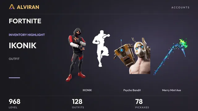 FORTNITE · Level 968 · IKONIK, Psycho Bandit, Merry Mint Axe