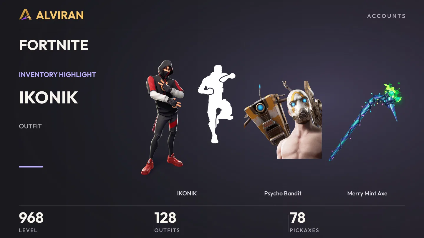 FORTNITE · Level 968 · IKONIK, Psycho Bandit, Merry Mint Axe